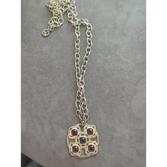 Trifari Jewelry - Vintage Trifari Square Pendant Necklace with Dark Red and Clear Rhinestones‎